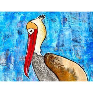 Pelican Shine Original Art Mixed Media Painting Black Mat 11x14 in Frame Ready